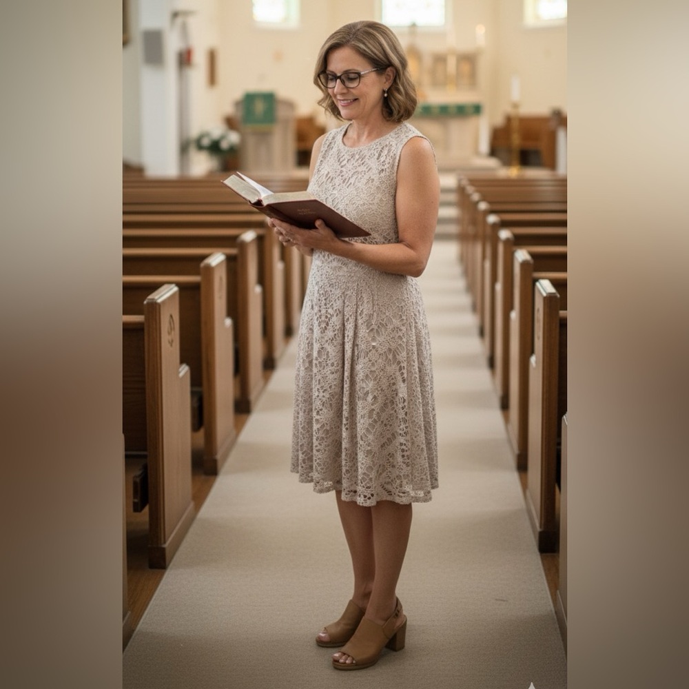 London Times Ecru Lace Knit dress
